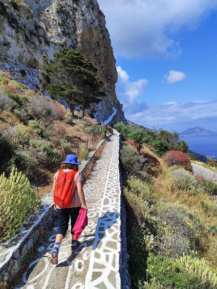 Una persona caminando por un sendero de piedra, con un risco rocoso y vegetación a ambos lados. 1