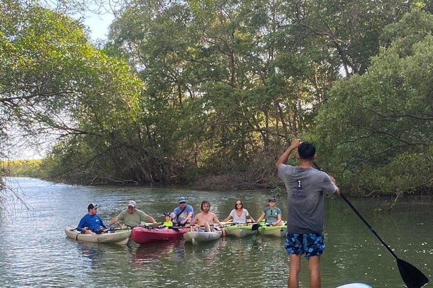 People in canoes on a river surrounded by trees. 3
