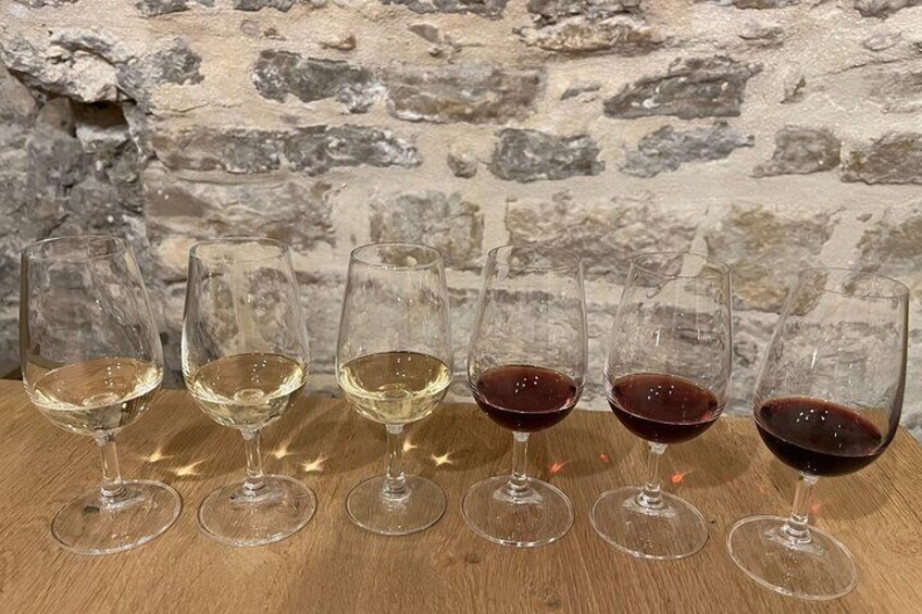 Seis copas de vino sobre una mesa de madera con un fondo de pared de piedra. 2