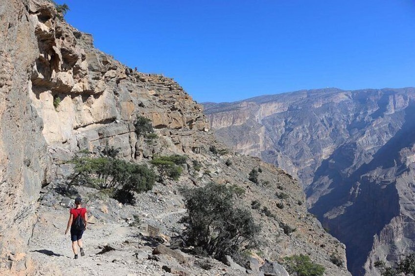 A hiker on a rocky mountain trail with a canyon in the background. 1