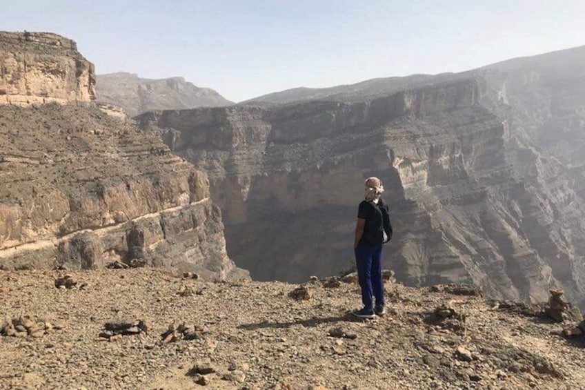 A person standing on a rocky terrain overlooking a deep canyon with layered rock formations. 2