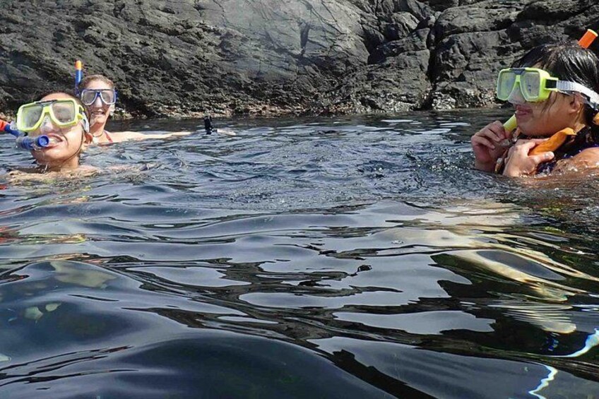 People snorkeling in a rocky coastal area. 2
