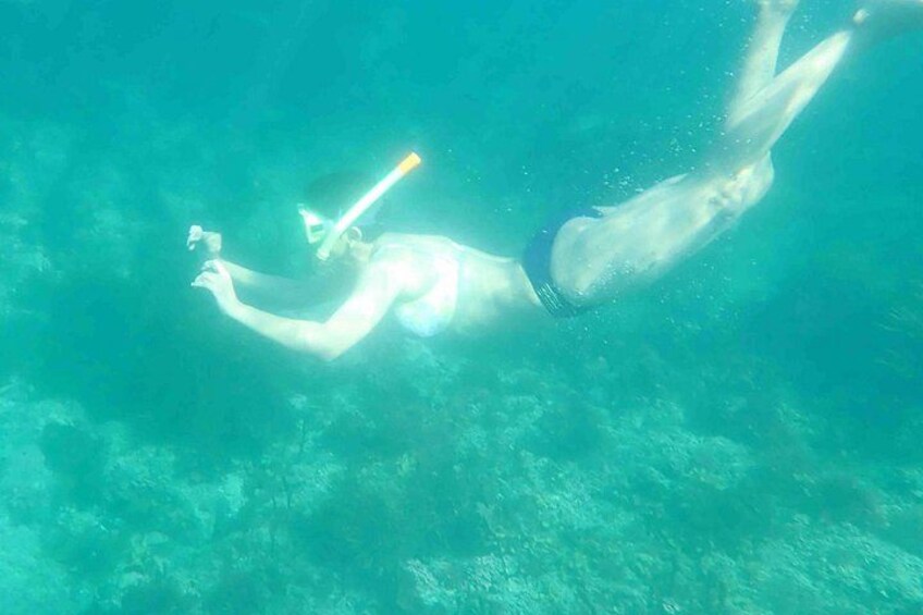 Two people swimming underwater, one holding a snorkel and the other a camera. 4