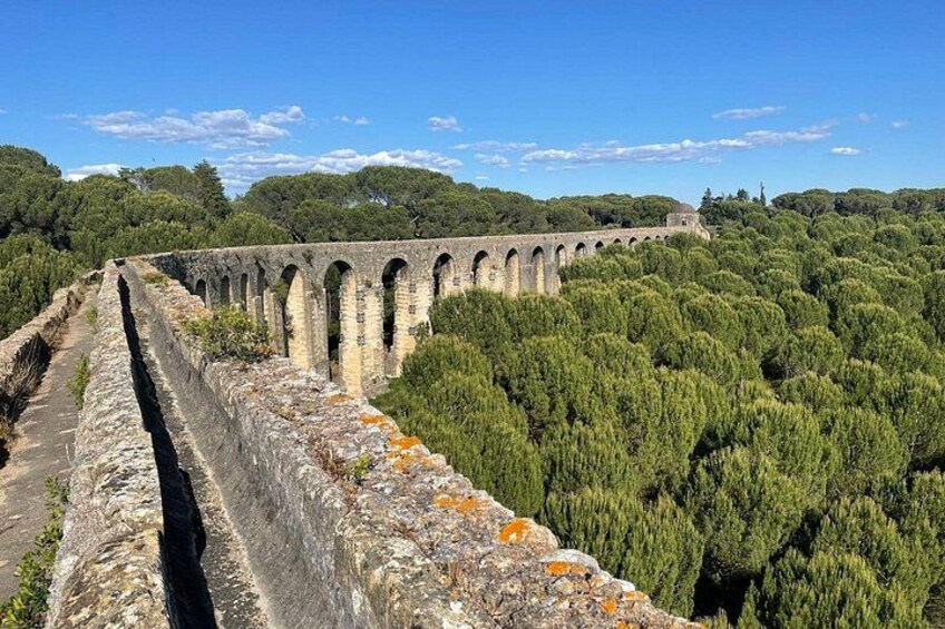 A stone viaduct with multiple arches, surrounded by dense green forest. 4