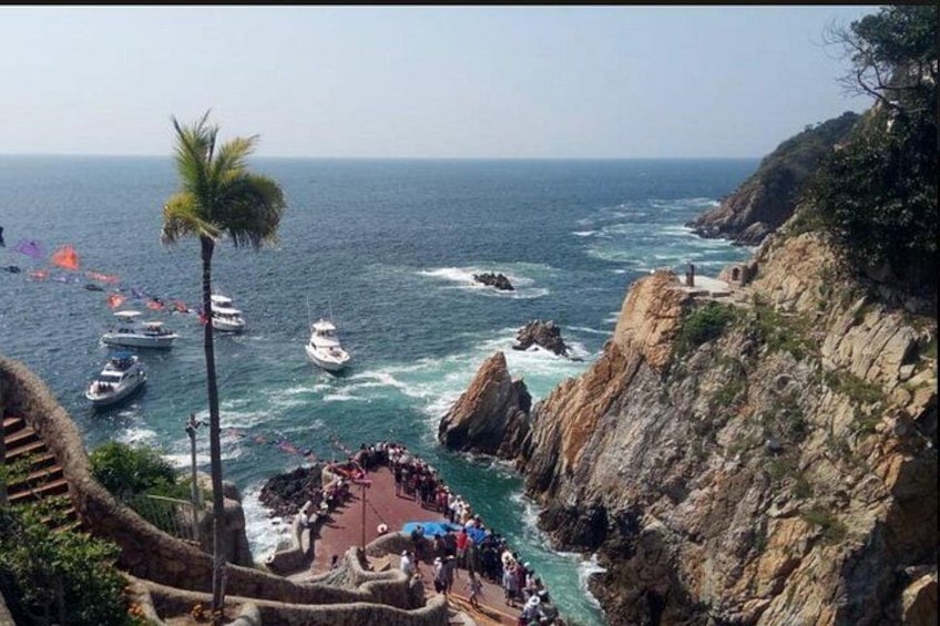 A coastal scene with boats, rocky cliffs, and a palm tree. 5