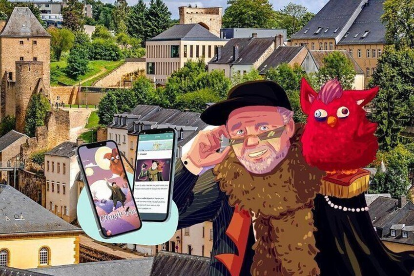 Una persona sosteniendo un teléfono inteligente con un personaje de pájaro rojo, observando un pueblo histórico con edificios y un castillo. 1