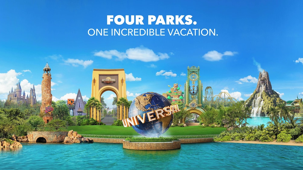 Un parc d’attractions proposant diverses attractions, notamment un château, une haute tour et des montagnes russes. 3