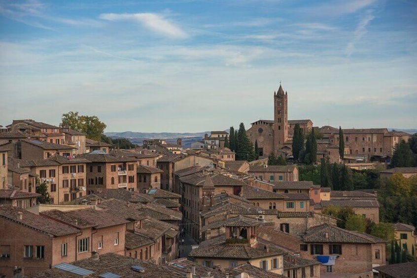 Une ville historique aux bâtiments aux toits de tuiles et dont l’imposant clocher d’église domine le paysage. 2