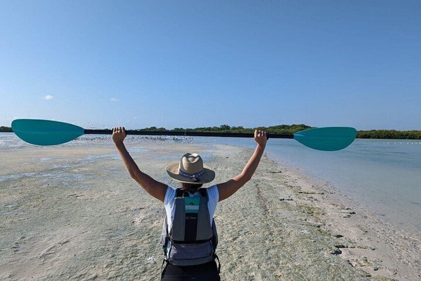 A person kayaking on a beach with a clear sky. 5