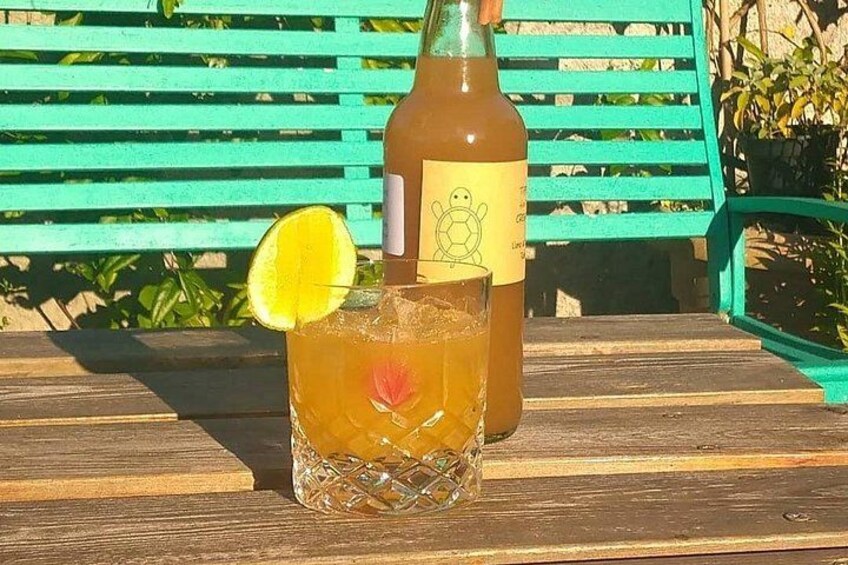 A glass of iced tea with a lemon slice on a wooden table, a bottle with a label, and a green bench in the background. 3