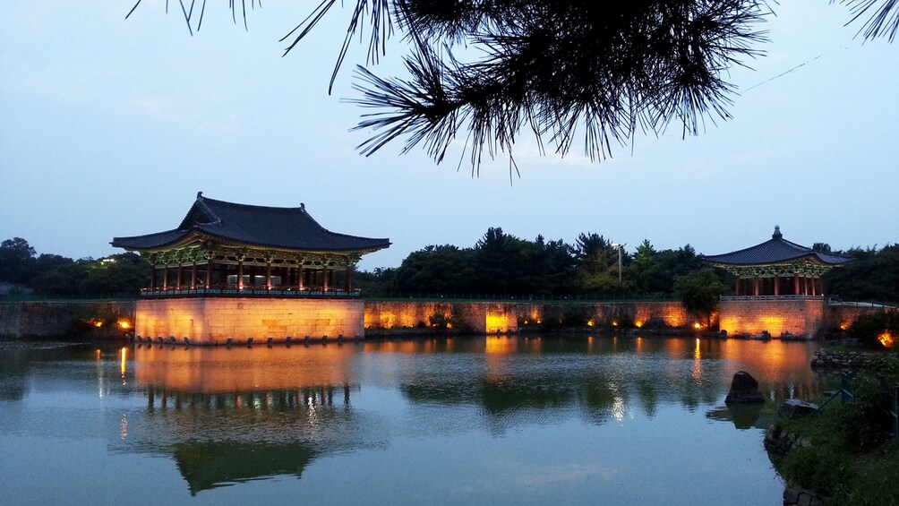 Anapji pond with temples at night in Gyeongju