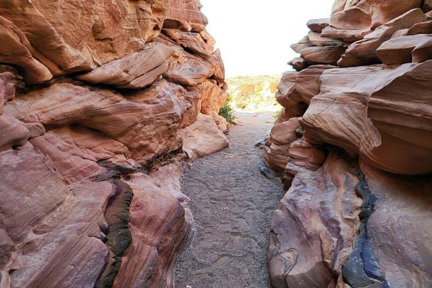 A narrow canyon with layered red rock formations. 5