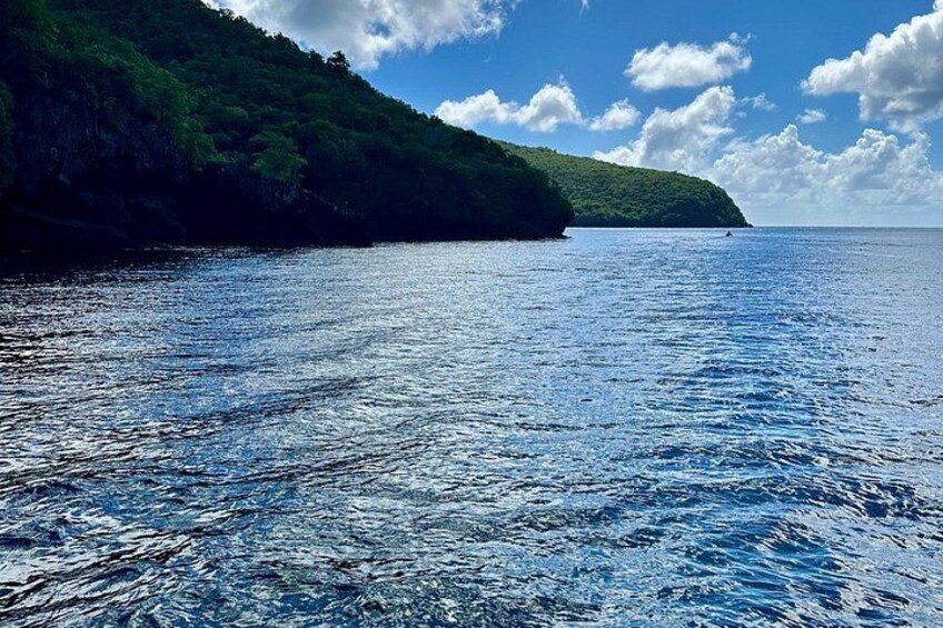 Mar tranquila con una ladera verde y cielo despejado. 2