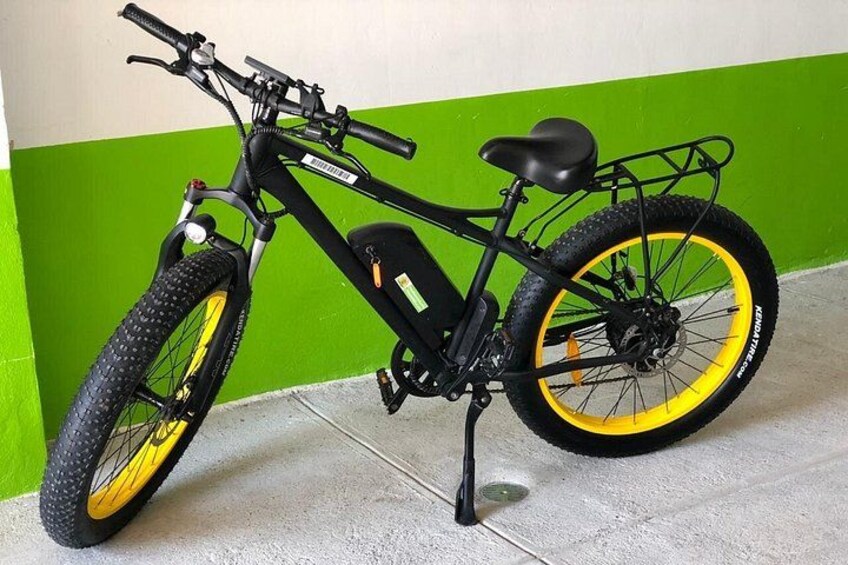 A black bicycle with yellow rims, a seat, and a rear rack, parked against a green and white wall. 1