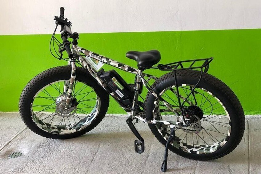 A mountain bike with a black seat, a front basket, and a rear rack, parked against a green and white wall. 3