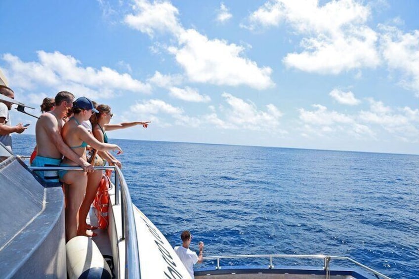 A boat with people on the deck, ocean, and sky. 5