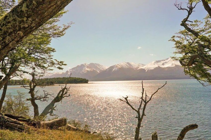 Un lac avec des montagnes en arrière-plan, un ciel dégagé et des arbres au premier plan. 3