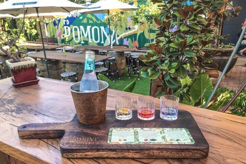 A wooden table with a bottle of water, three shot glasses with colored liquids, and a menu. 2