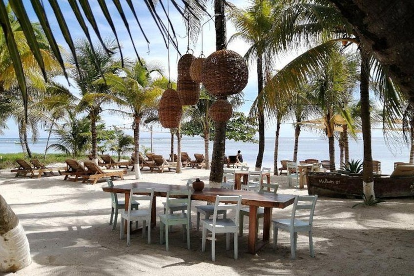 Een eetgedeelte aan het strand met tafels en stoelen, palmbomen en uitzicht op zee. 5