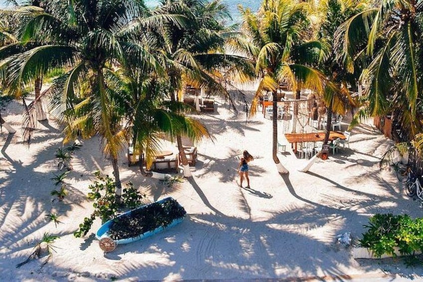 Een strand met palmbomen, een vrouw en een blauw surfplank. 1