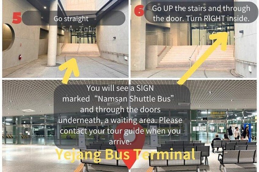 A bus terminal with a sign marked 'Namsan Shuttle Bus' and a waiting area underneath. 2