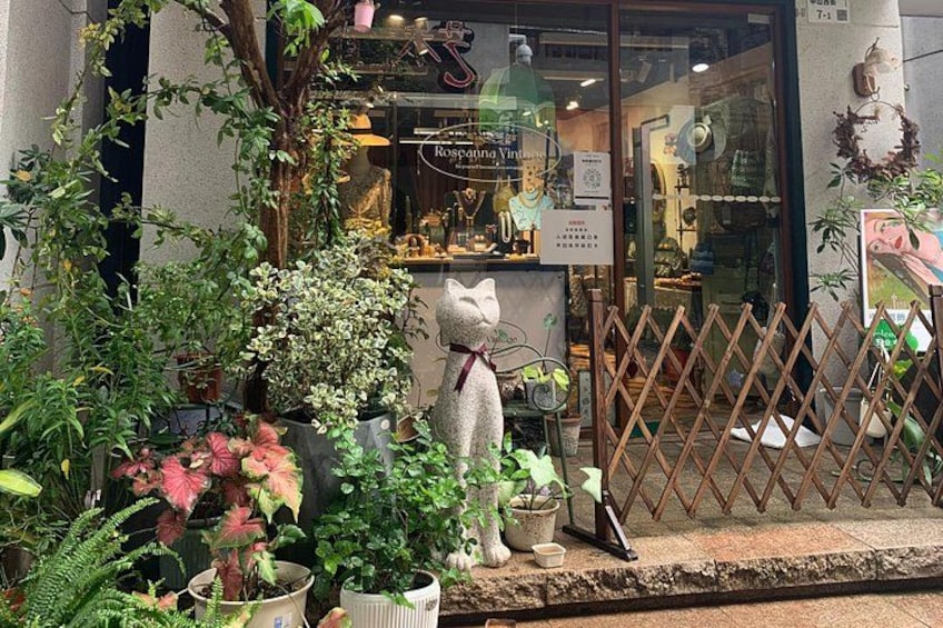 A storefront with a variety of plants and a large cat statue outside. 3