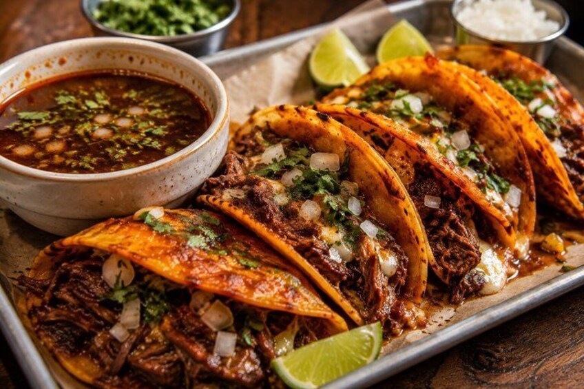 Tacos med kød, løg og koriander, serveret med limebåde og en skål med sauce. 3