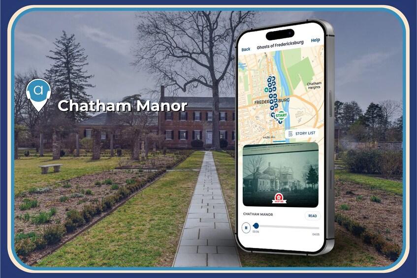 A smartphone displaying a map with a location marker for Chatham Manor, a brick building with a lawn and pathway, and a historical photo of the manor. 5