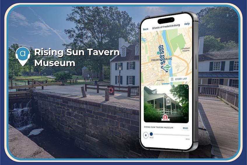 A smartphone displaying a map with a location marker for the Rising Sun Tavern Museum. 4