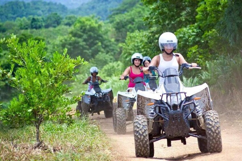 A group of people riding ATVs on a dirt path surrounded by greenery. 4