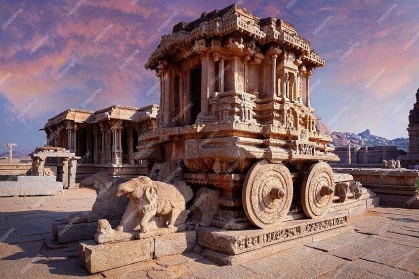 A stone structure with intricate carvings, a large wheel, and a lion statue. 1