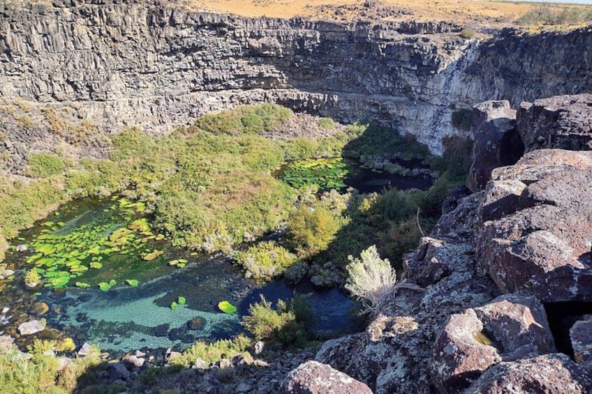 A rocky landscape with a clear water body surrounded by greenery and a cliff. 2