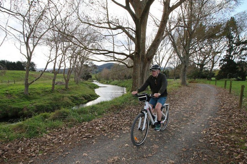 A person riding a bicycle on a gravel path surrounded by trees and a small stream. 3