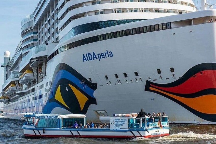 Een groot cruiseschip met de naam 'AIDAperla' en een kleurrijk visontwerp op de zijkant. Een kleinere boot met de tekst 'RANGER ABITAT' staat ervoor aangemeerd. 4