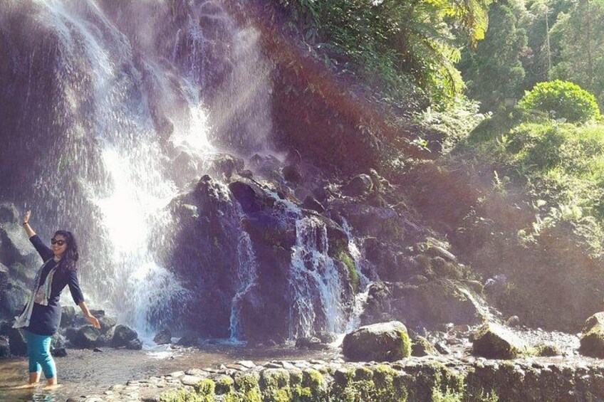 A waterfall, rocks, and greenery. 5