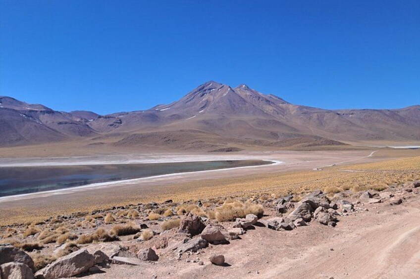 Paesaggio desertico con una catena montuosa, una distesa d'acqua e vegetazione rada. 4