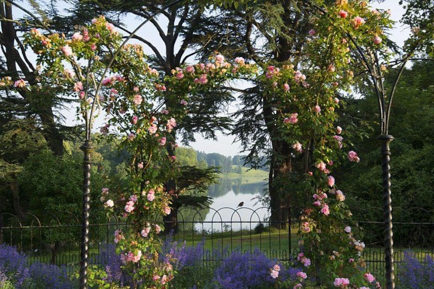 A garden with pink roses, a lake, and purple flowers. 5