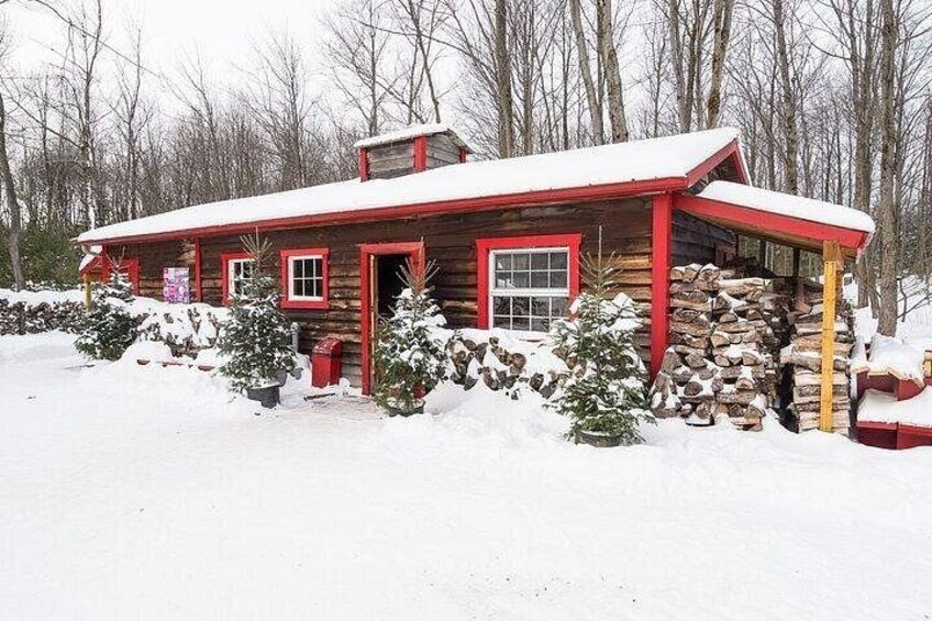 Una cabaña de troncos con techo rojo y chimenea, rodeada de nieve y árboles. 1