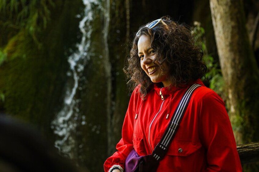 A person in a red jacket standing near a waterfall in a forested area. 3
