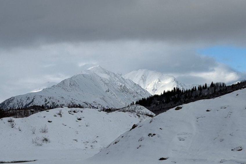 A snow-covered mountain with a forested slope and a cloudy sky. 2