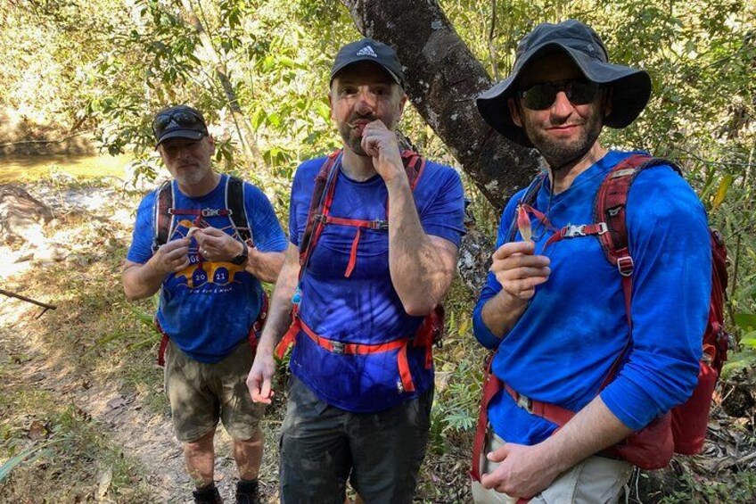 Tres excursionistas con camisas y gorras azules caminando por un sendero en el bosque. 2