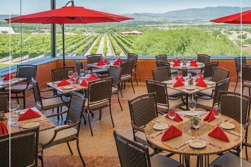 A restaurant with outdoor seating overlooking a vineyard. 2