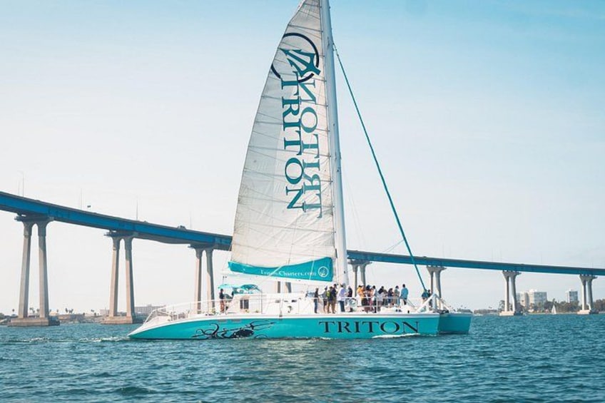 A sailboat named TRITON with a large white sail, sailing on water with a bridge in the background. 1