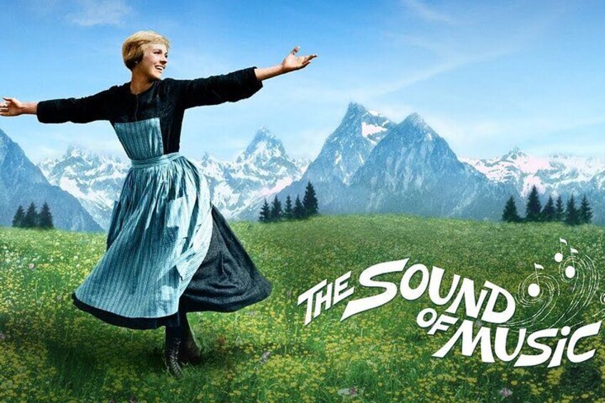 A woman in a blue dress standing in a field with mountains in the background. 3