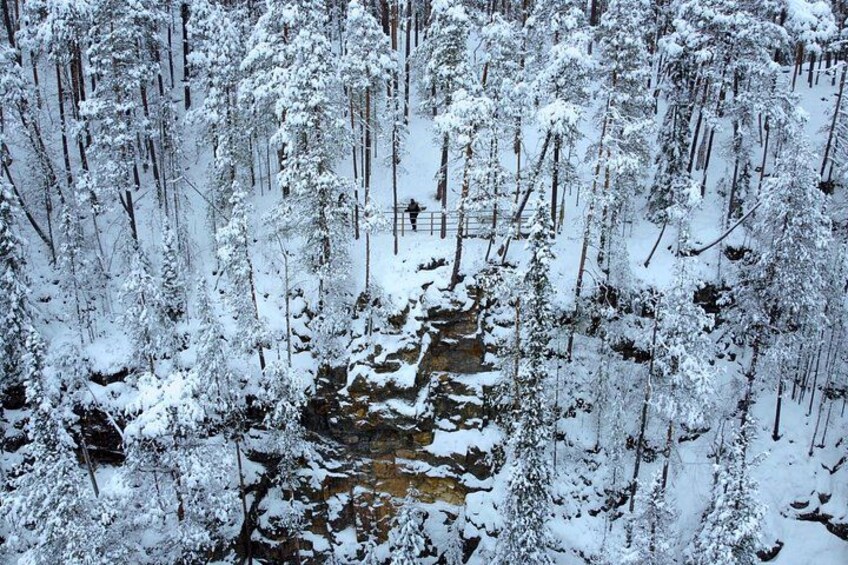 A snow-covered forest with a stream. 4