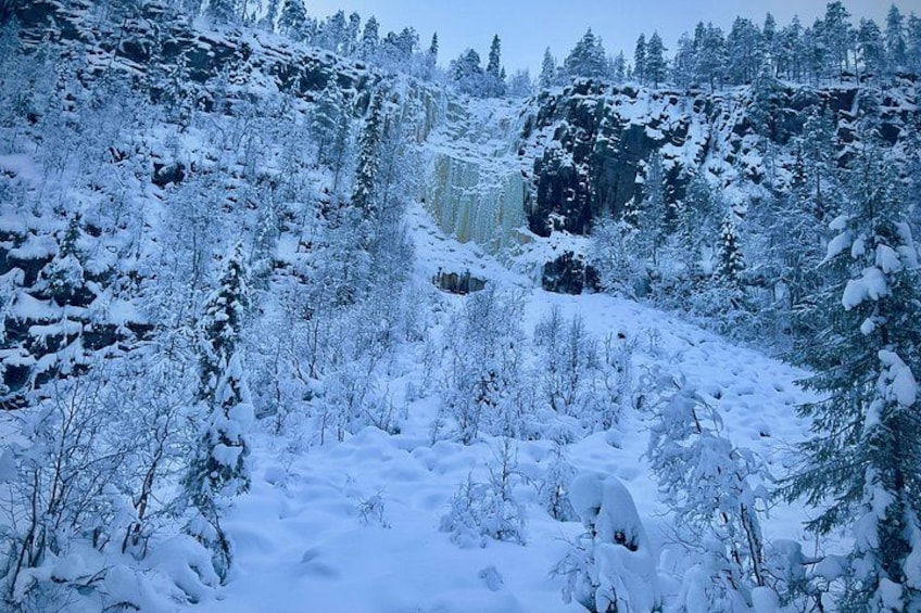 A snow-covered mountainous landscape with dense evergreen trees and a rocky cliff. 2
