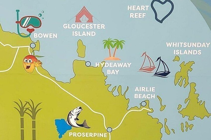 A map of a coastal region with locations like Bowen, Gloucester Island, Hydeaway Bay, Airlie Beach, and Prosserpine. 3