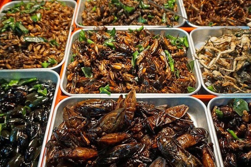 Various dishes of fried insects in metal containers. 4