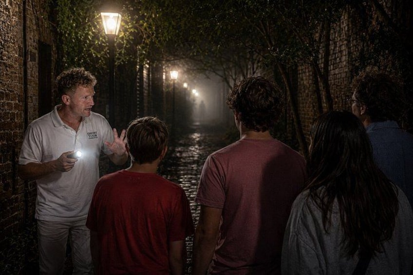 A group of people walking down a narrow alley at night, illuminated by street lamps. 2
