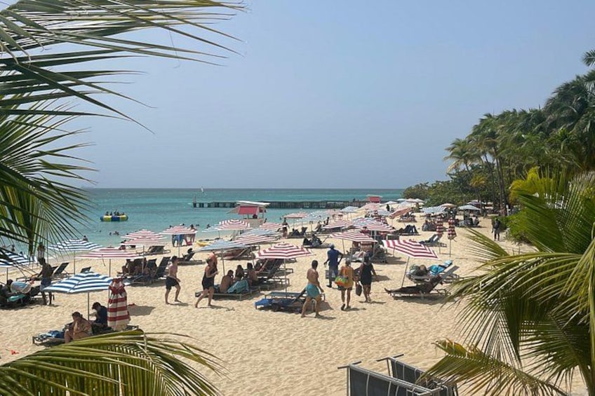 Une plage où l’on peut voir des gens se prélasser au soleil, des parasols et des palmiers. 5